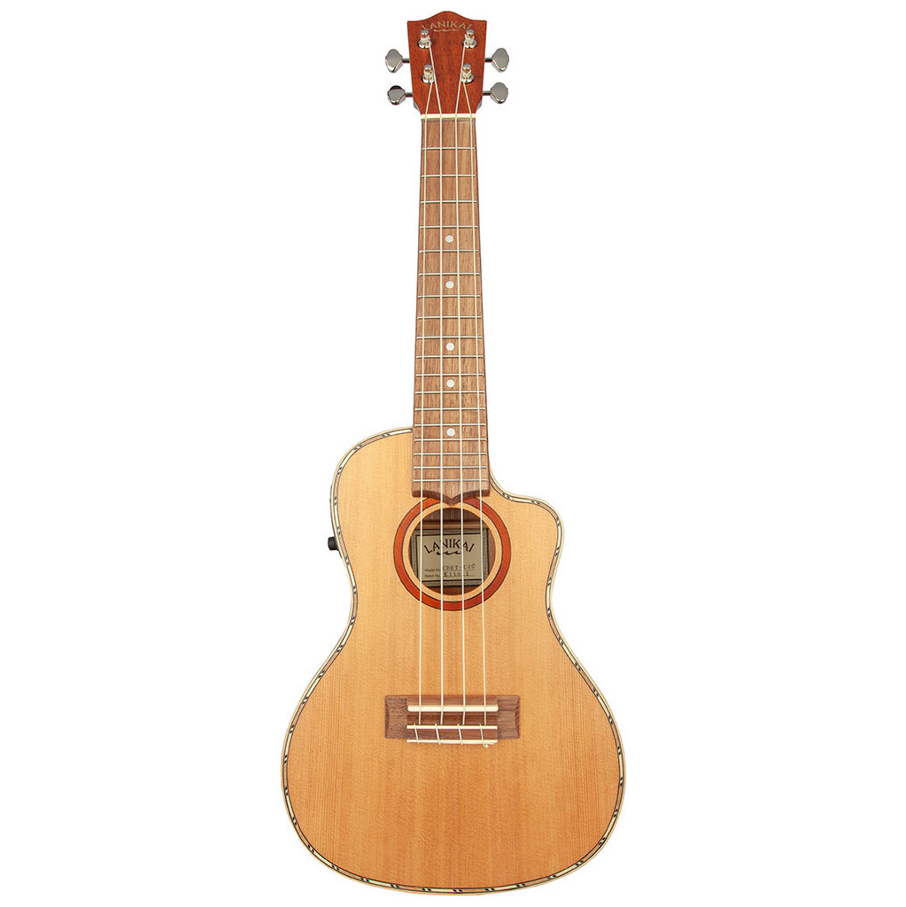 A Lanikai CDSTCEC concert ukulele standing vertically, featuring a cutaway body, light wood grain cedar top, dark wood rosette, and a visible side-mounted electronics panel.