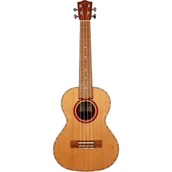 A Lanikai CDSTT tenor ukulele standing vertically with a traditional figure-eight body shape, light wood grain cedar top, and a dark wood rosette.
