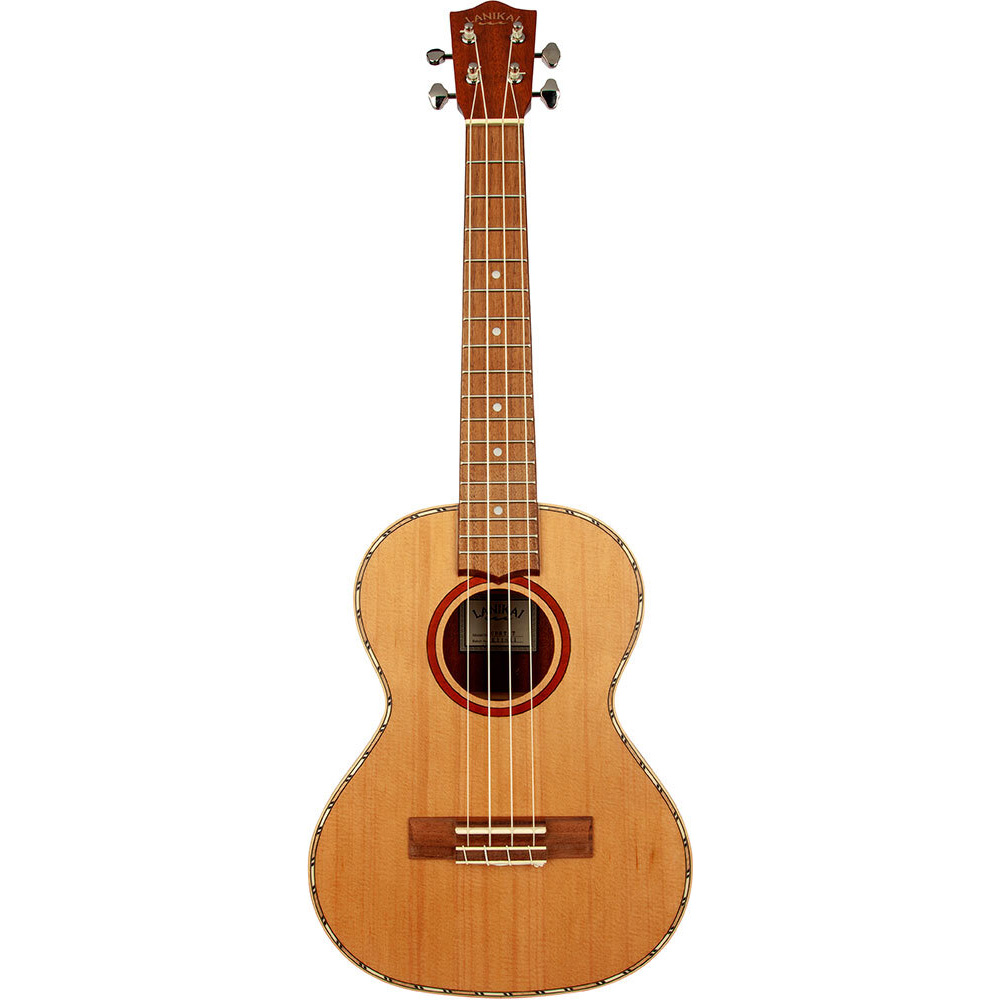 A Lanikai CDSTT tenor ukulele standing vertically with a traditional figure-eight body shape, light wood grain cedar top, and a dark wood rosette.
