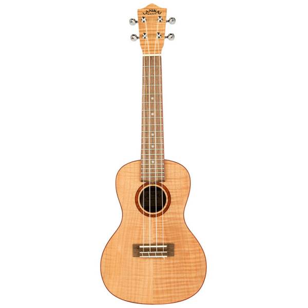A four-string concert ukulele with a flamed maple body.