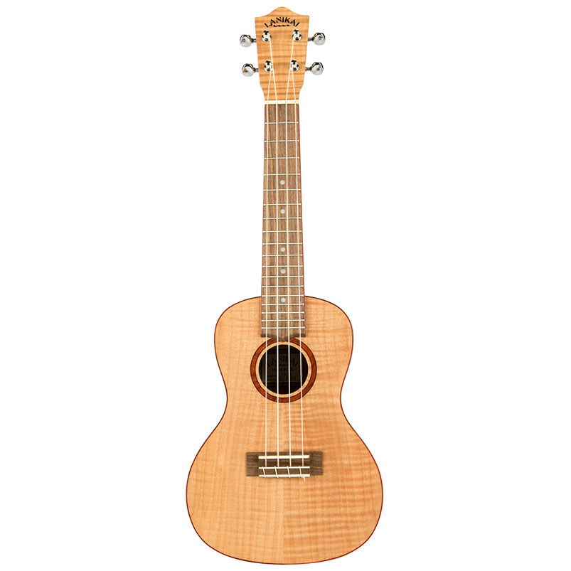 A four-string concert ukulele with a flamed maple body.