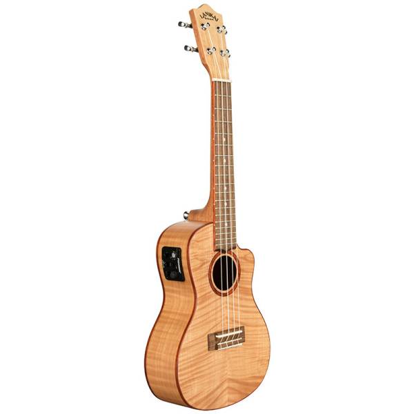 A light blonde wood ukulele with tiger-striped wood grain, dark reddish-brown binding around the edges, a lower bout cutaway, and a black electronic control panel mounted on the upper side.