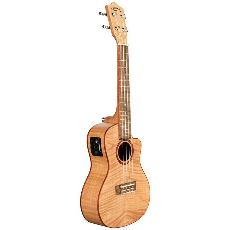 A light blonde wood ukulele with tiger-striped wood grain, dark reddish-brown binding around the edges, a lower bout cutaway, and a black electronic control panel mounted on the upper side.