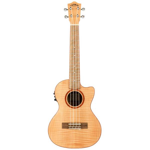 A four-string ukulele with a flamed maple body, a cutaway, and a side-mounted preamp.