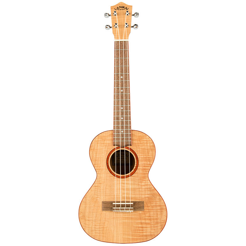 A four-string tenor ukulele with a flamed maple body.