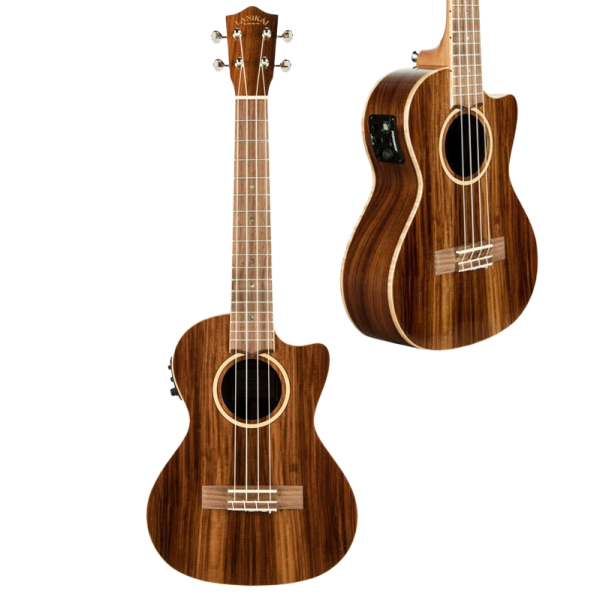 Tenor ukulele featuring a highly striped morado wood body and cutaway. A secondary inset image highlights a close-up of the body, showcasing the side-mounted preamp panel and fretboard extension.