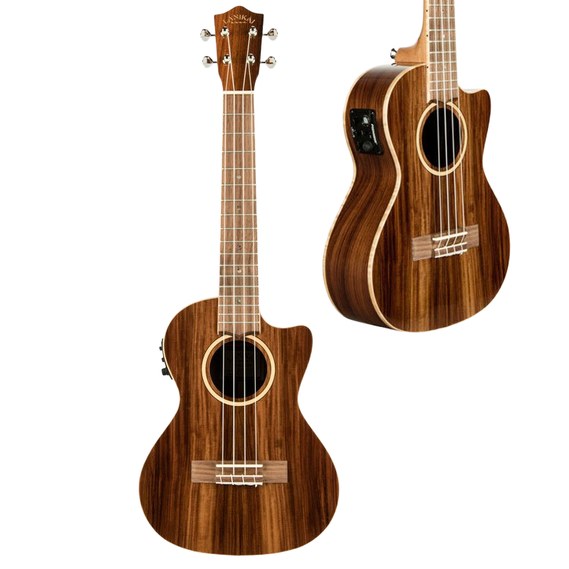 Tenor ukulele featuring a highly striped morado wood body and cutaway. A secondary inset image highlights a close-up of the body, showcasing the side-mounted preamp panel and fretboard extension.