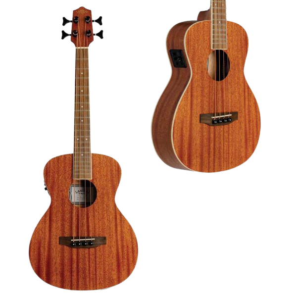 A straight-on view of a mahogany bass ukulele alongside an inset shot showing the angled body and the side-mounted electronic preamp controls.