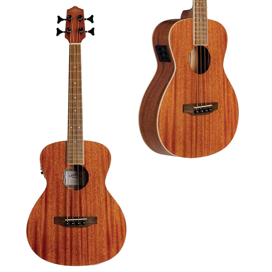 A straight-on view of a mahogany bass ukulele alongside an inset shot showing the angled body and the side-mounted electronic preamp controls.
