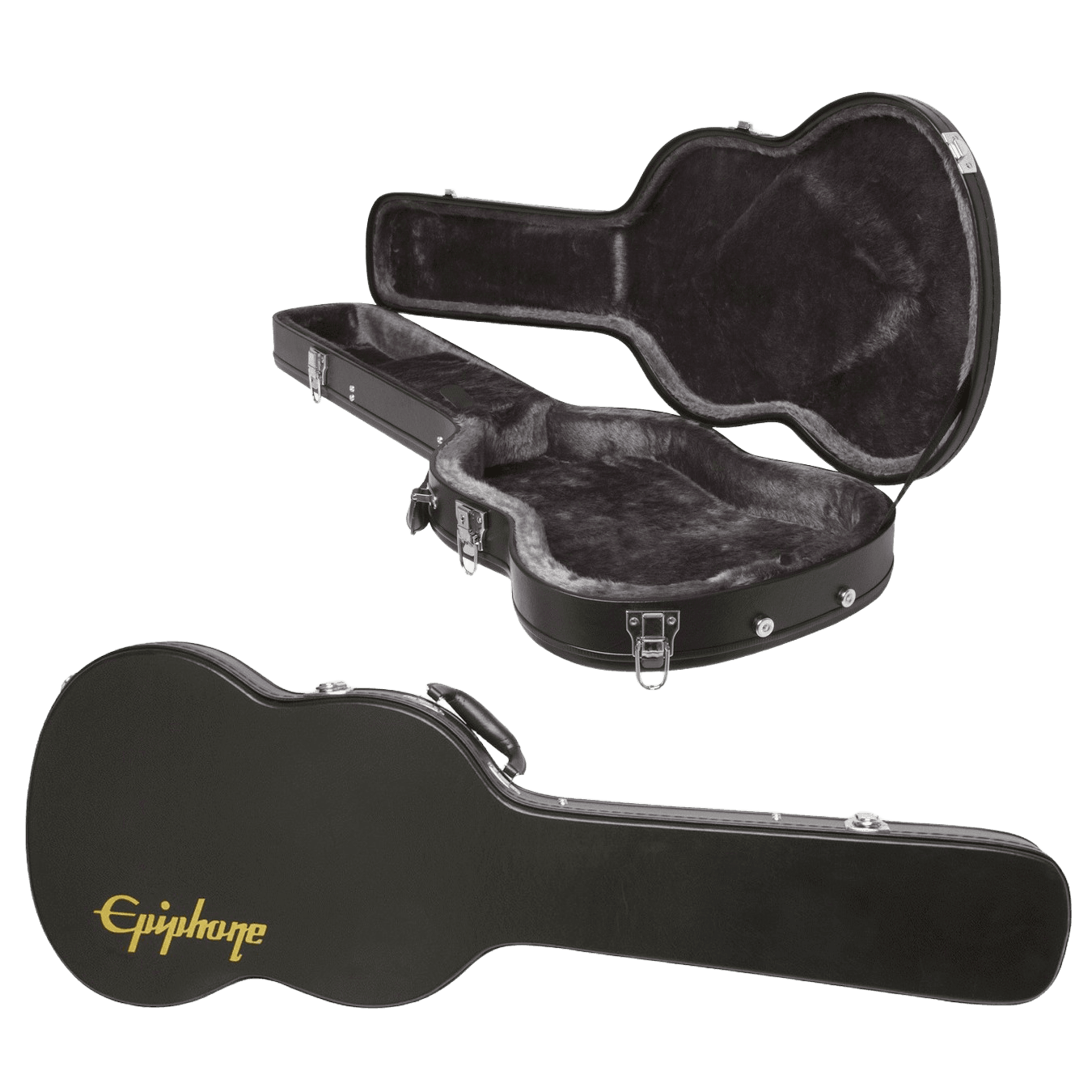 A black Epiphone SG Hard Case shown closed on the bottom left, with a secondary inset on the top right showing the case open to reveal a grey plush interior molded to the SG body shape.