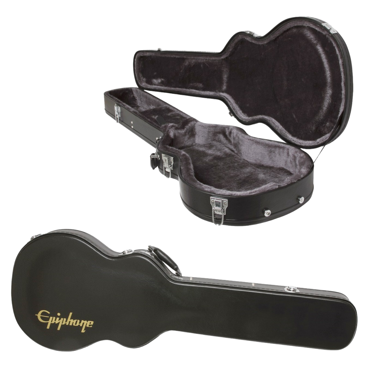 Black guitar hard case with a gold Epiphone logo on the exterior, alongside a view of the open case revealing its grey plush interior lining.