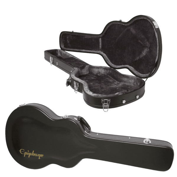 A black Epiphone ES339 Hard Case shown closed on the bottom left, with a secondary inset on the top right displaying the case open to reveal a grey plush interior.