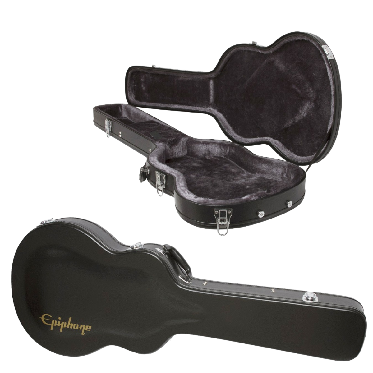 A black Epiphone ES339 Hard Case shown closed on the bottom left, with a secondary inset on the top right displaying the case open to reveal a grey plush interior.