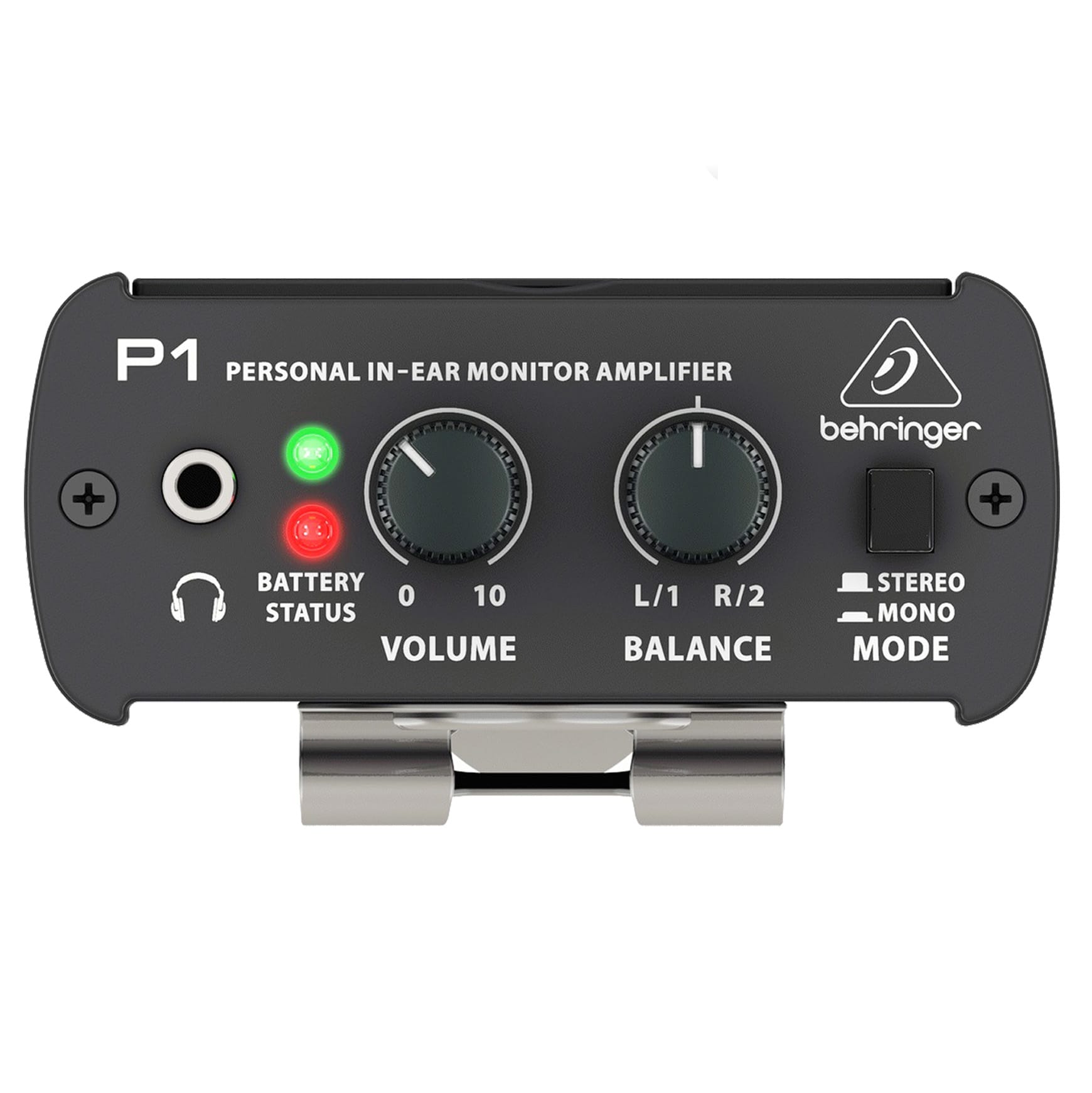 A high-contrast studio layout displaying the front control panel of the black Behringer Powerplay P1 belt-pack amplifier against a plain white background.