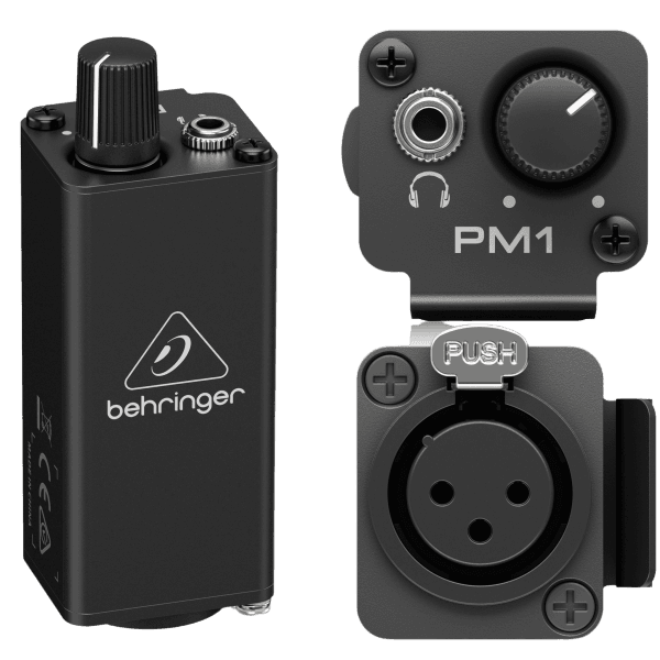A clean product shot showcasing the front birds eye view with its volume knob and 2 insets showing the input and outputs of the black Behringer Powerplay PM1 against a white background.