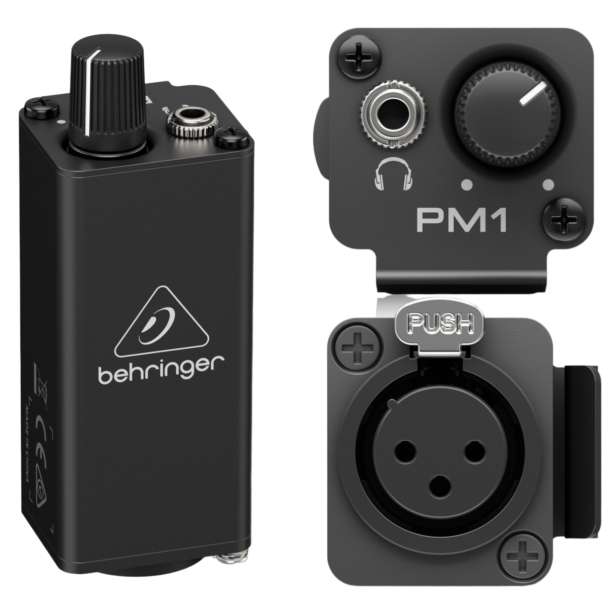 A clean product shot showcasing the front birds eye view with its volume knob and 2 insets showing the input and outputs of the black Behringer Powerplay PM1 against a white background.