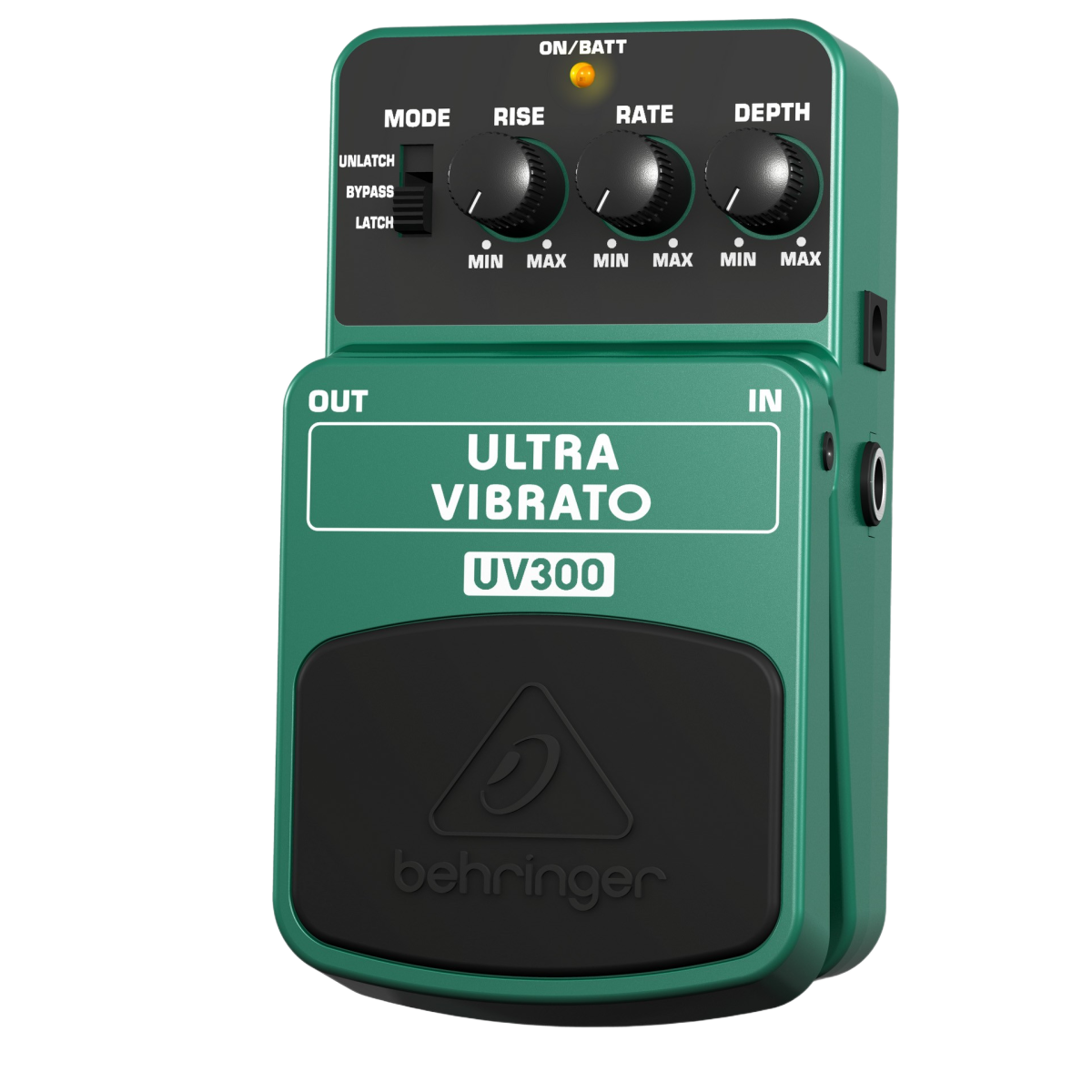 A top-down product display of the green Behringer Ultra Vibrato UV300 effects pedal, detailing its four upper adjustment knobs and central footpad activator on a solid white background.