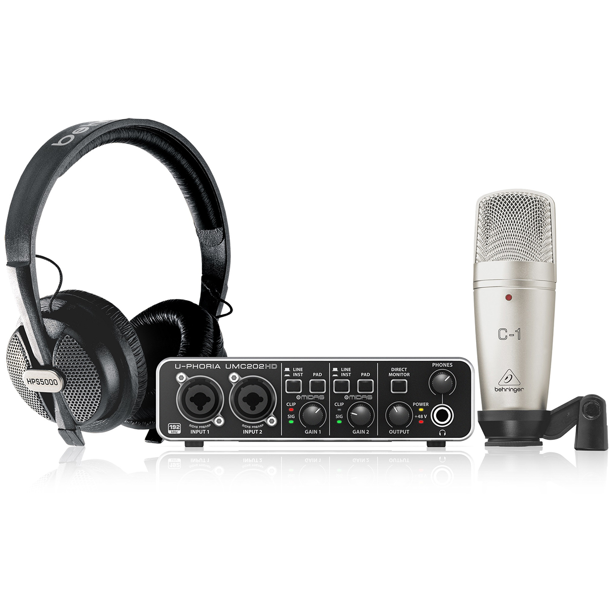 Behringer U-PHORIA STUDIO PRO bundle showing the black UMC202HD audio interface, silver C-1 condenser microphone with mount, and black HPS5000 closed-back headphones.