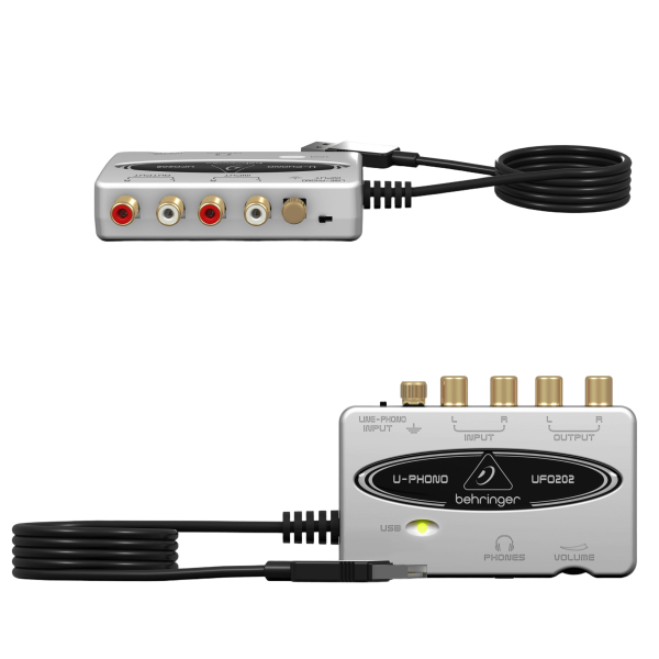 A studio view highlighting both the top control interface and the rear connection routing ports of the silver Behringer U-Phono UFO202 interface on a white background.