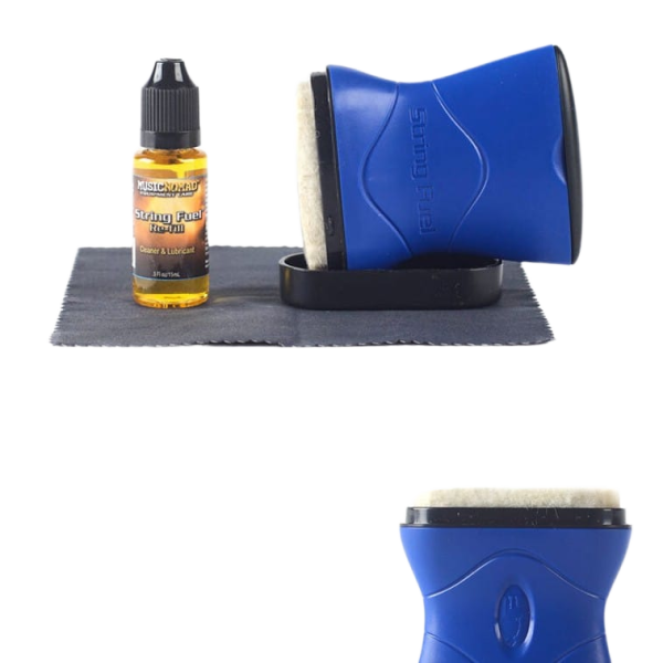 A clear bottle of Music Nomad String Fuel liquid with a black dropper cap sits beside a folded dark grey microfiber cloth. Next to the cloth is a blue ergonomic applicator tool with a white felt pad resting on its black plastic base. Below the main configuration is a secondary inset showing a close-up angle of the blue applicator's top edge and white felt pad.