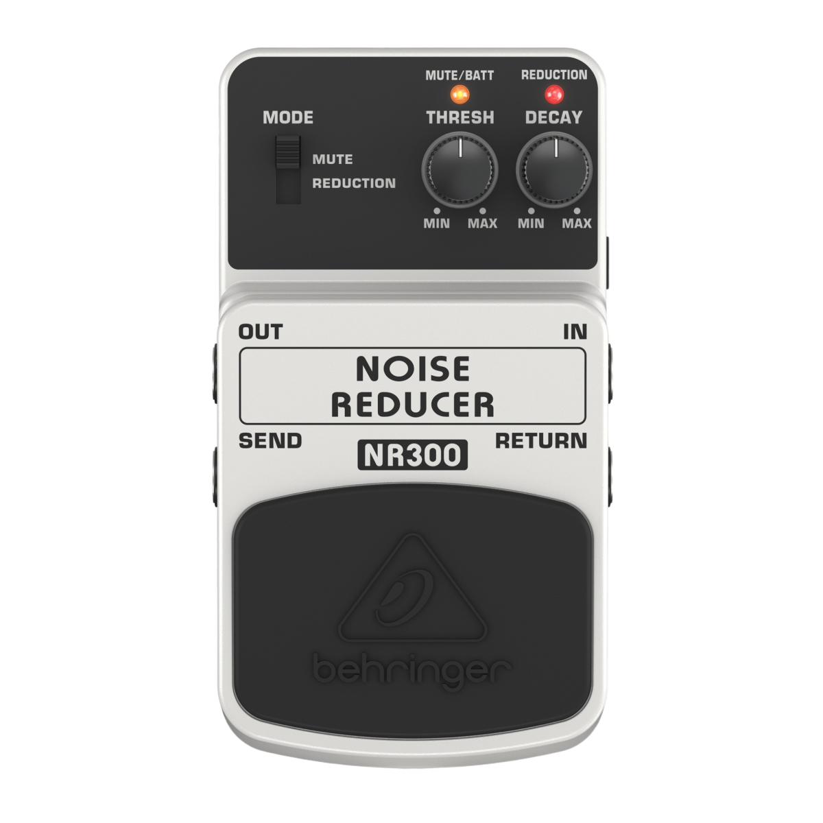 A white Behringer NR300 Noise Reducer pedal featuring threshold and decay control knobs alongside a mode toggle switch.