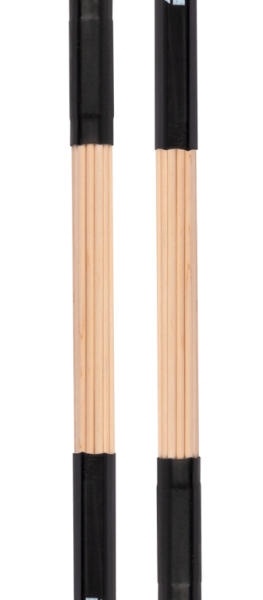 A pair of wooden TDK21 multi-rod drumsticks with black grips on the bottom half, black end caps, and black rubber adjustment bands near the tips.