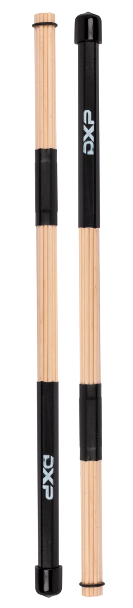 A pair of wooden TDK21 multi-rod drumsticks with black grips on the bottom half, black end caps, and black rubber adjustment bands near the tips.