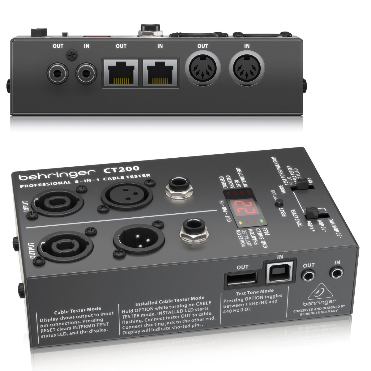The Behringer CT200 cable tester displaying its front panel interface and rear connections.
