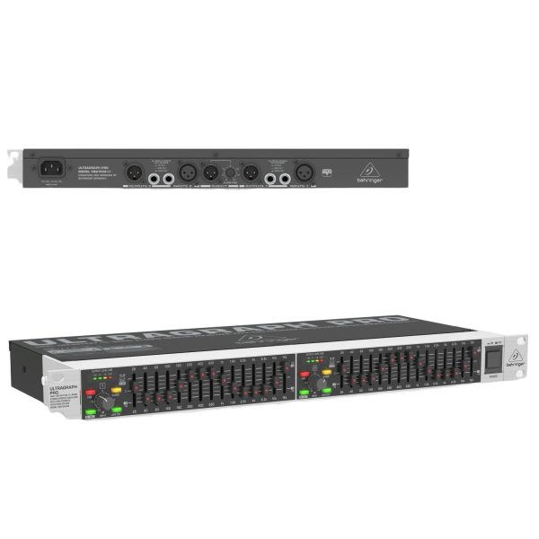The Behringer Ultragraph Pro FBQ1502HD graphic equalizer displaying its front panel sliders and rear connections.