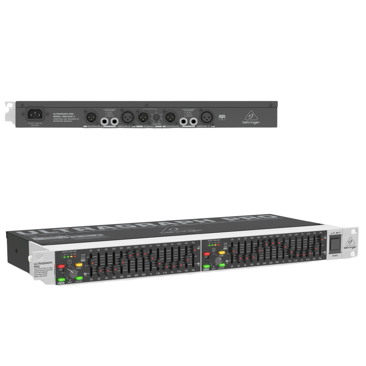 The Behringer Ultragraph Pro FBQ1502HD graphic equalizer displaying its front panel sliders and rear connections.