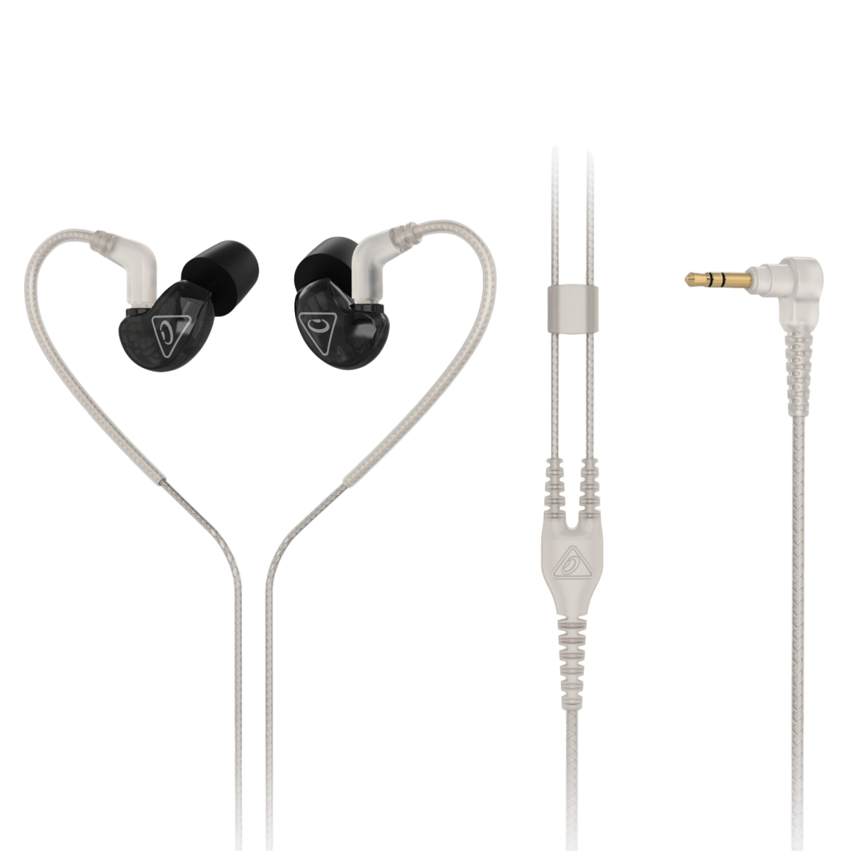 Black Behringer SD251-CK in-ear monitors displaying the earbuds, attached cable, and a 3.5mm stereo connector.