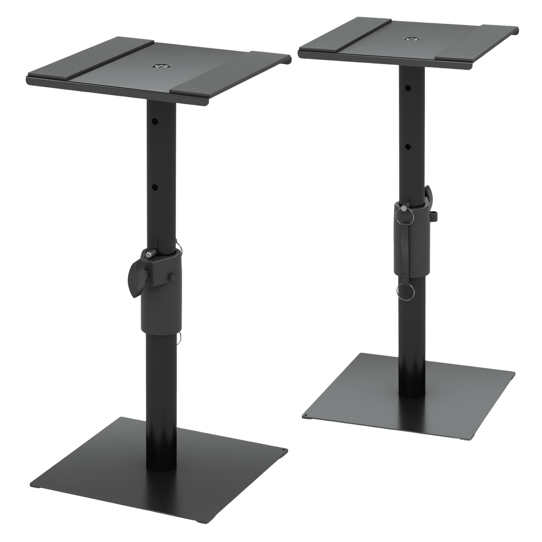 A crisp product photograph showcasing 2 black heavy-duty Behringer SM2001 steel desktop speaker stands against a clean white background.