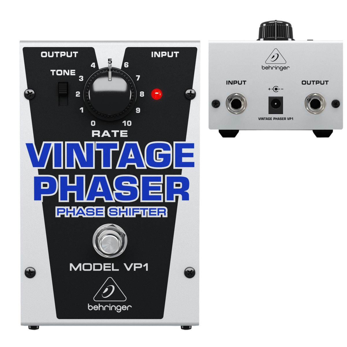 Behringer Vintage Phaser VP1 pedal showing the top control panel, alongside a smaller secondary inset image displaying the rear input, output, and power connections.