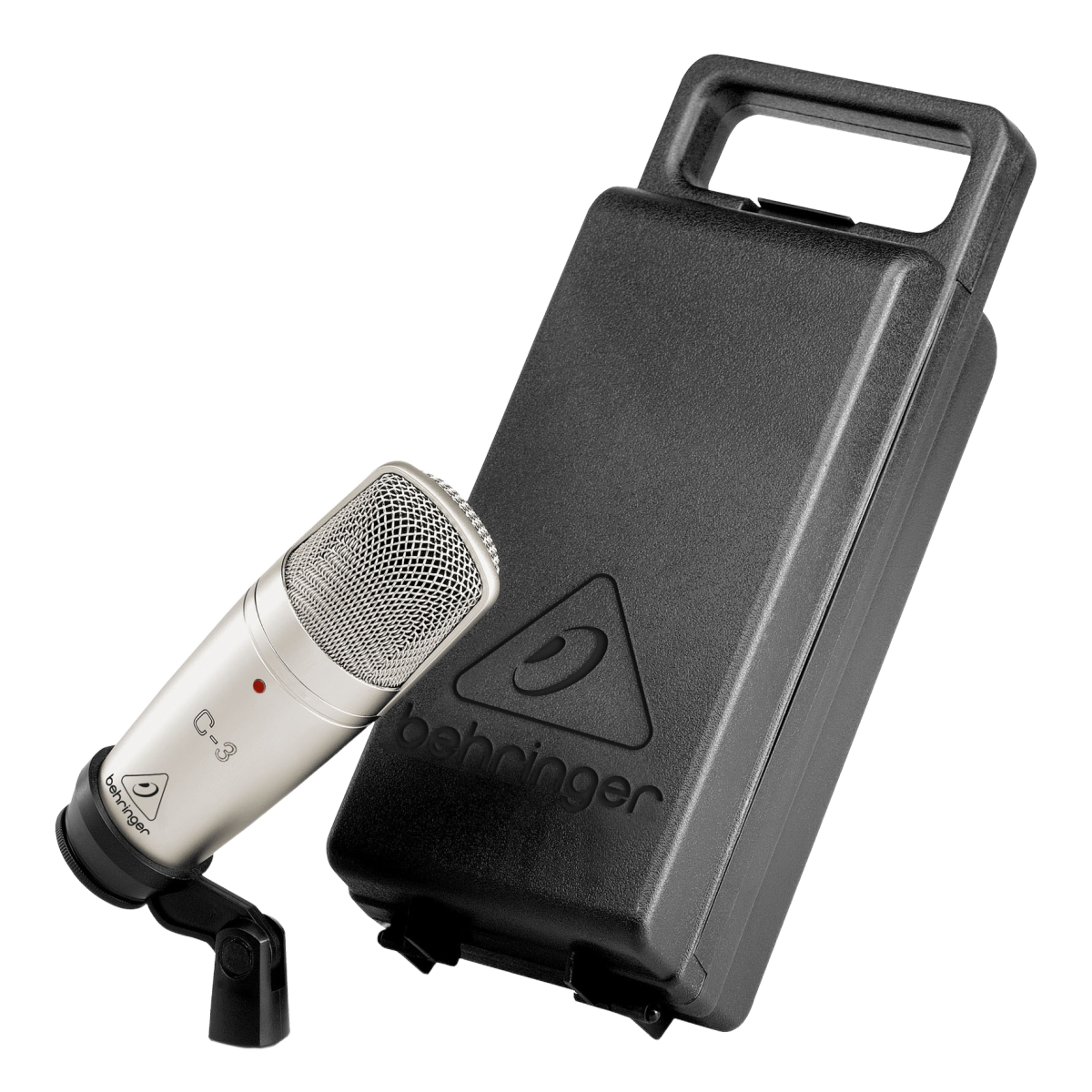 A silver Behringer C-3 studio condenser microphone resting on a swivel stand mount, placed next to a black protective carrying case.