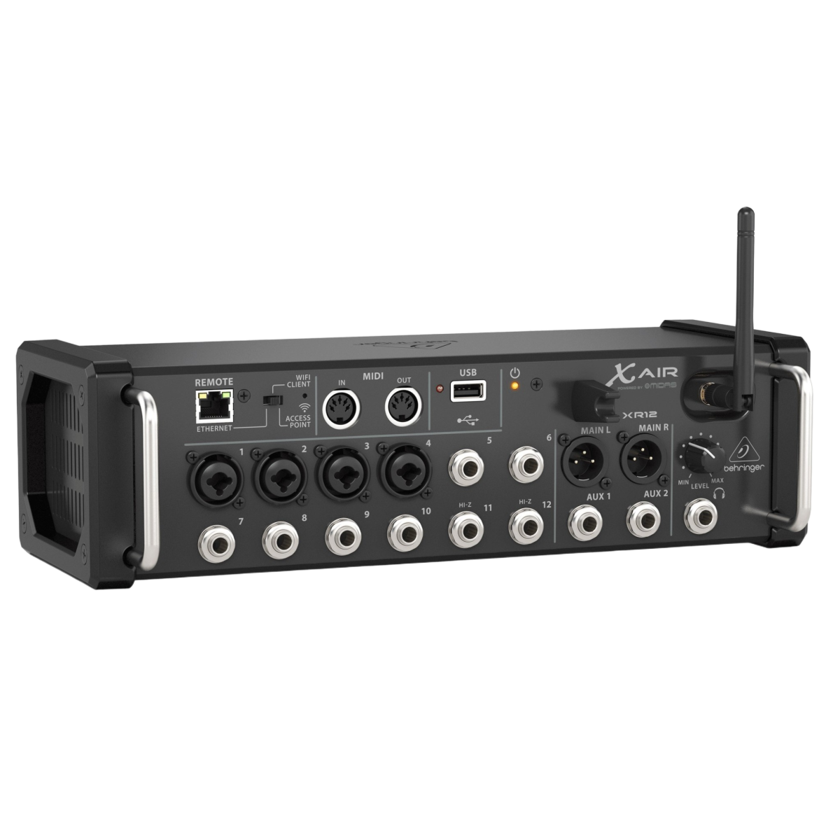 The Behringer X AIR XR12 digital mixer, a black rectangular rack-style unit showing front-facing inputs, a volume knob, and a wireless antenna.