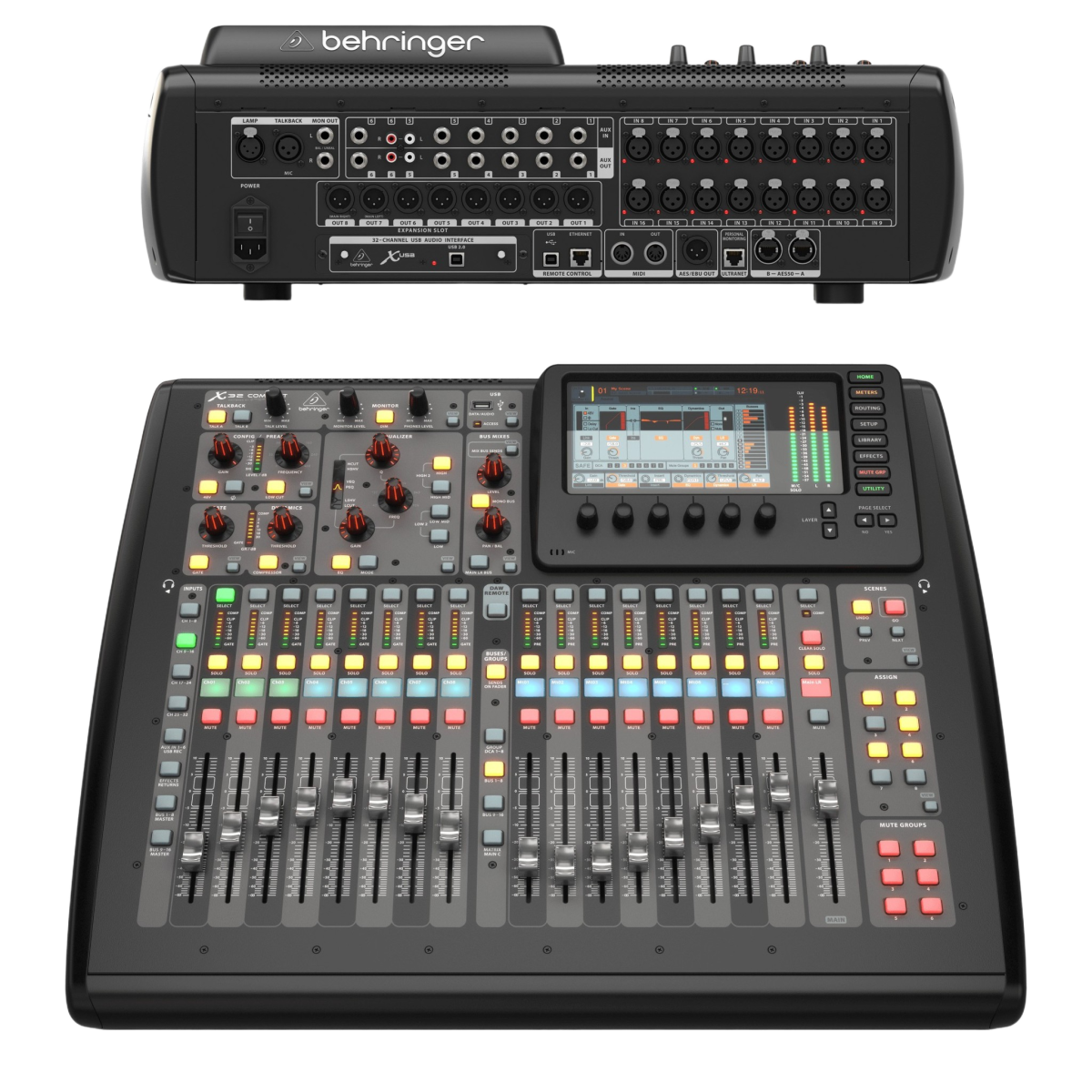 A top-down view of the Behringer X32 Compact digital mixer showing its screen and faders, accompanied by an inset image displaying the rear panel connections.