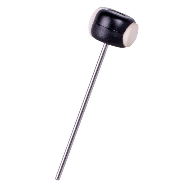 A bass drum pedal beater with a silver metal shaft and a dual-sided head featuring a white felt surface and a black plastic surface.
