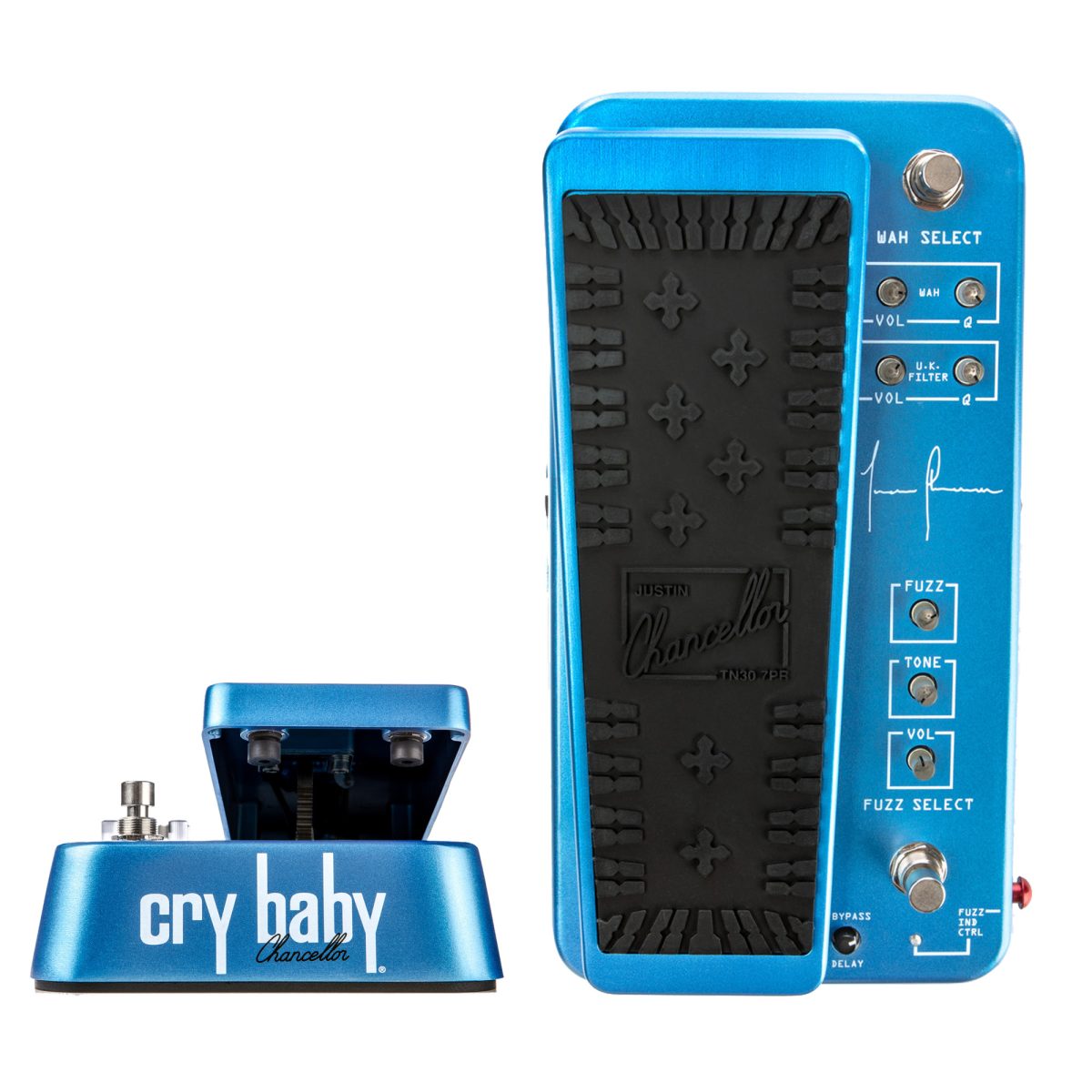 Two views of a metallic blue treadle-style bass effects pedal. The main view shows the top treadle pad and side-mounted controls for WAH SELECT, U.K. FILTER, and FUZZ SELECT. The inset displays an angled side view with a front badge reading cry baby Chancellor.