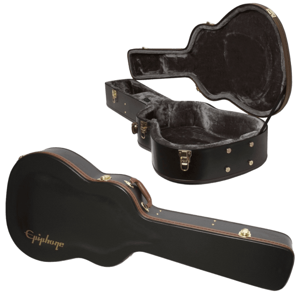 A black Epiphone Acoustic AJ Dreadnought Hard Case shown closed on the bottom left, with a secondary inset on the top right showing the case open to reveal a grey plush interior.