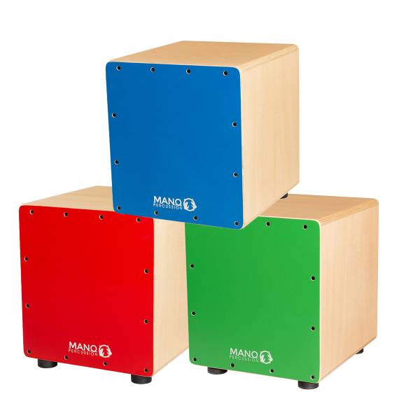 A stack of three Mano Percussion MPC13 mini wooden cajons featuring vibrant blue, red, and green faceplates, all with visible mounting screws and rubber feet.