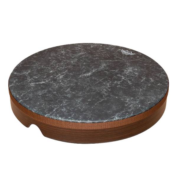 Remo 16-inch frame drum with a dark, marbled Skyndeep drumhead and a brown, wood-textured frame featuring a subtle thumb notch.