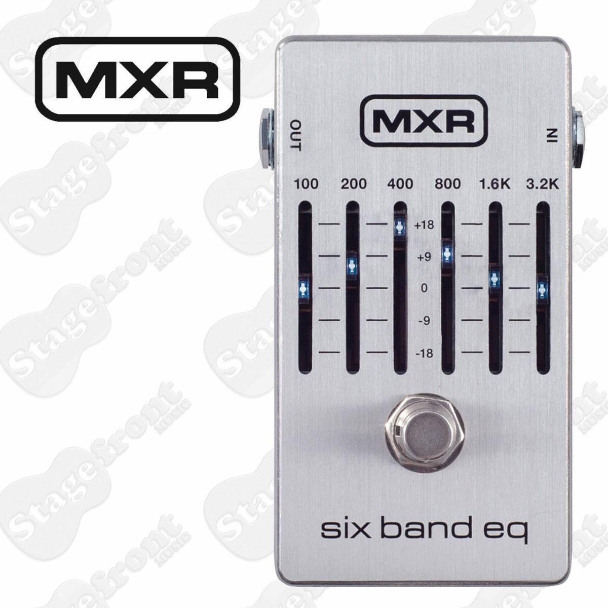 Top-down view of a silver MXR Six Band EQ pedal featuring six black vertical frequency sliders with illuminated blue LEDs, a silver footswitch, and side-mounted jacks.