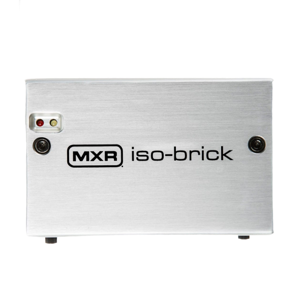 Silver rectangular MXR Iso-Brick power supply showing top branding and two mounting screws.
