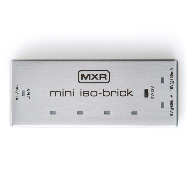 Top view of a brushed silver rectangular MXR mini iso-brick power supply unit featuring an 18V input, a 9V/18V switch, and multiple power outputs.
