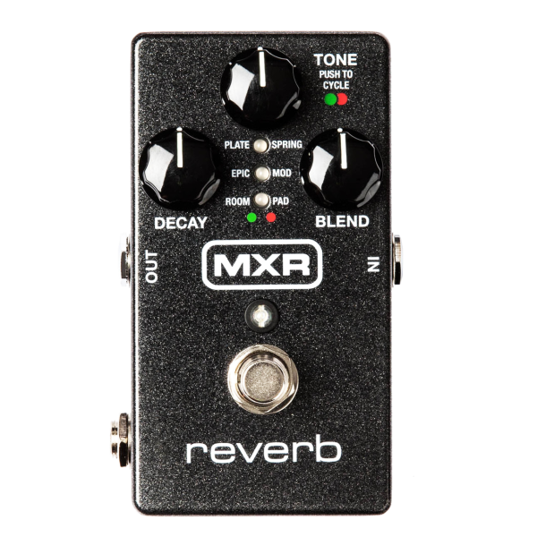 Top-down view of a black sparkle MXR Reverb pedal featuring three black knobs, central LED lights indicating reverb types, the MXR logo, and a footswitch.