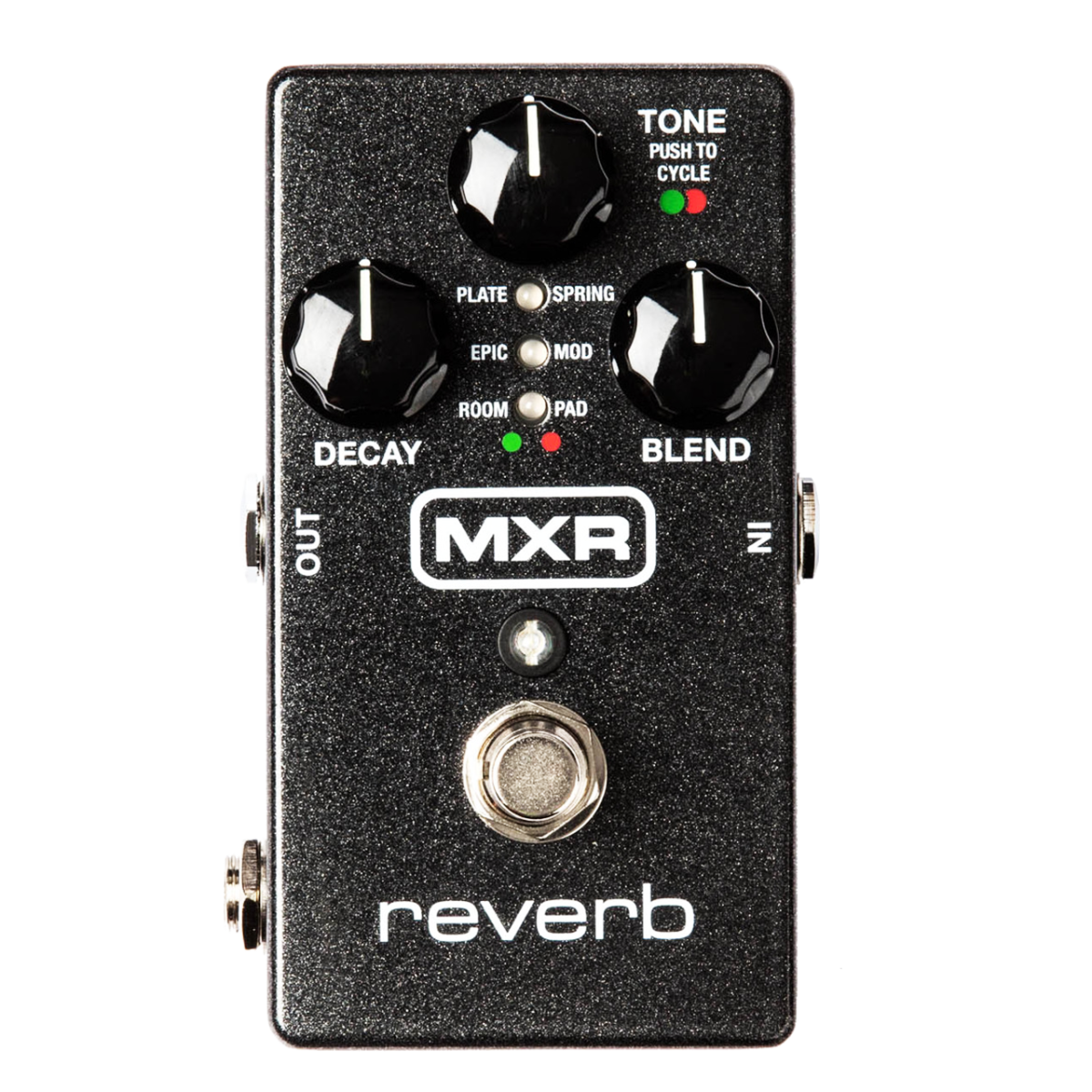 Top-down view of a black sparkle MXR Reverb pedal featuring three black knobs, central LED lights indicating reverb types, the MXR logo, and a footswitch.