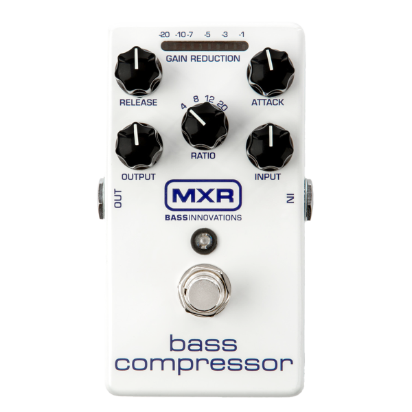 Top-down view of a white MXR bass compressor pedal featuring five black knobs, a gain reduction meter, the MXR logo, a blue LED, and a silver footswitch against a black background.