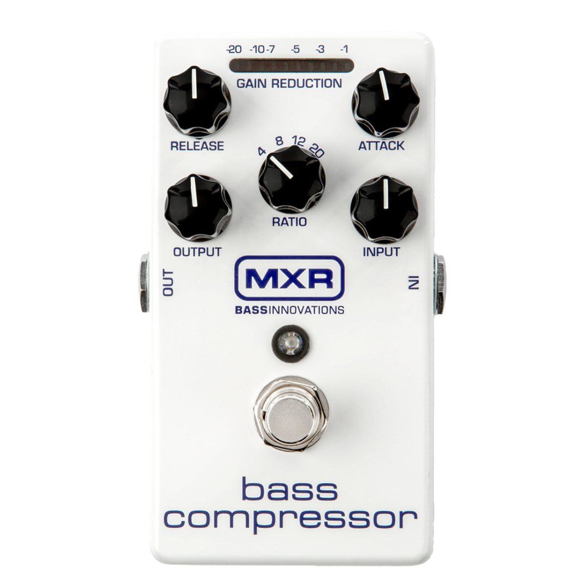 Top-down view of a white MXR bass compressor pedal featuring five black knobs, a gain reduction meter, the MXR logo, a blue LED, and a silver footswitch against a black background.