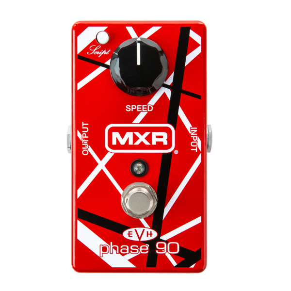 Top-down view of the MXR MEVH90 Eddie Van Halen Phase 90 Effects Pedal featuring a red enclosure with white and black crisscrossing stripes, a single black speed knob, a white script button, and a silver footswitch.