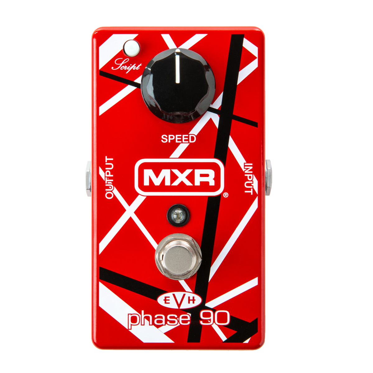 Top-down view of the MXR MEVH90 Eddie Van Halen Phase 90 Effects Pedal featuring a red enclosure with white and black crisscrossing stripes, a single black speed knob, a white script button, and a silver footswitch.